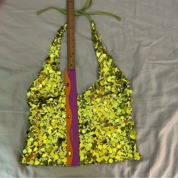White Fox Boutique Small Just Over You Sequin Halter Top Kiwi Green, Crop Tank - Picture 6 of 13